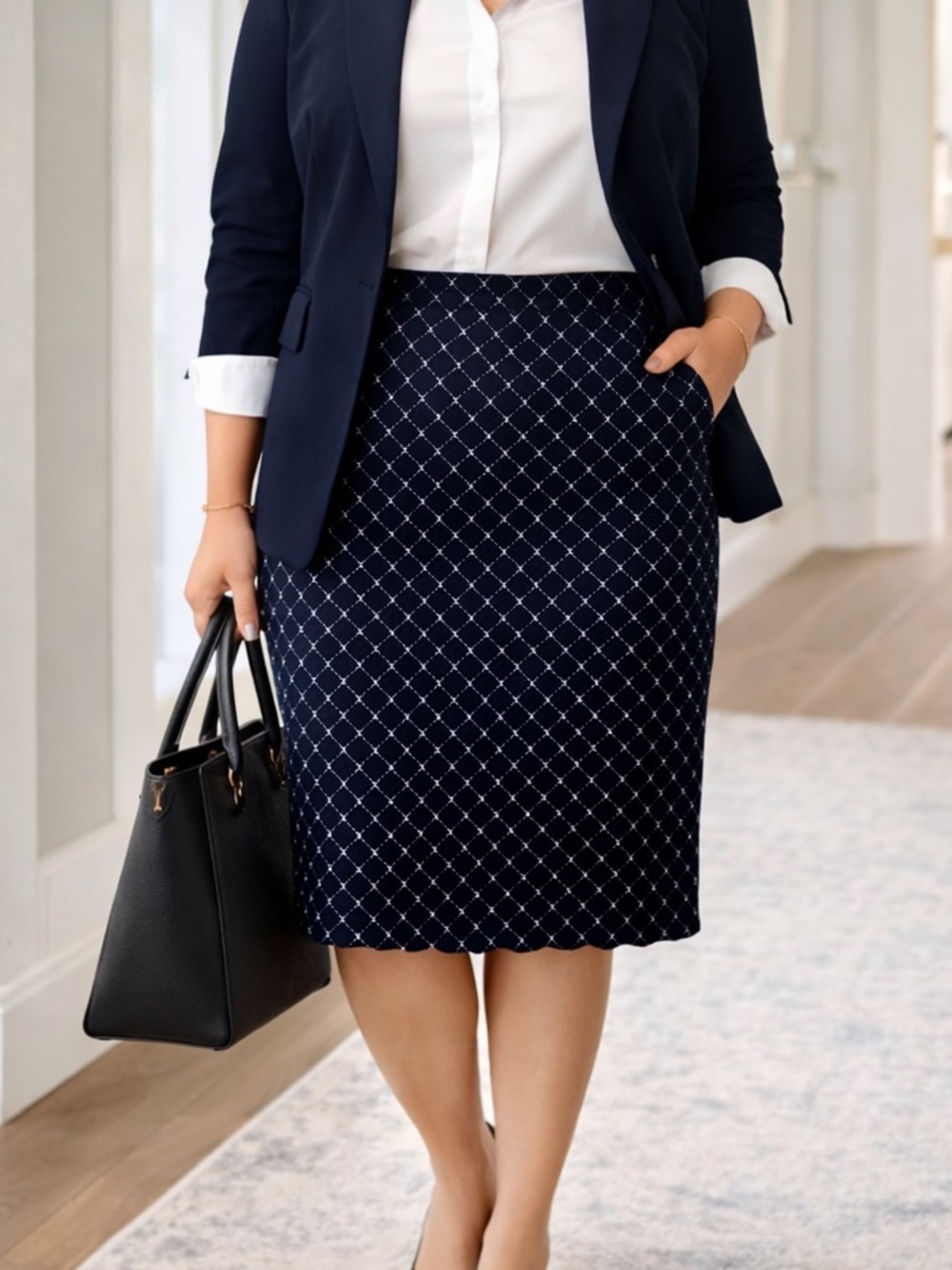 Talbots Navy Geometric Pencil Skirt Size 16 Fully Lined Stretch